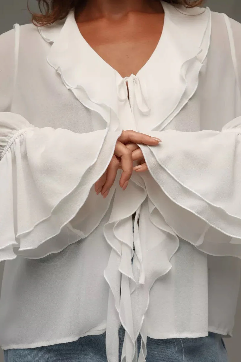 Solid V-Neck Ruffled Flare Sleeve Blouse - Image 7