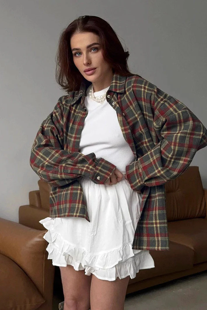 American Style Plaid Mid-Length Blouse - Image 2