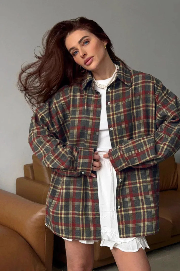 American Style Plaid Mid-Length Blouse - Image 3