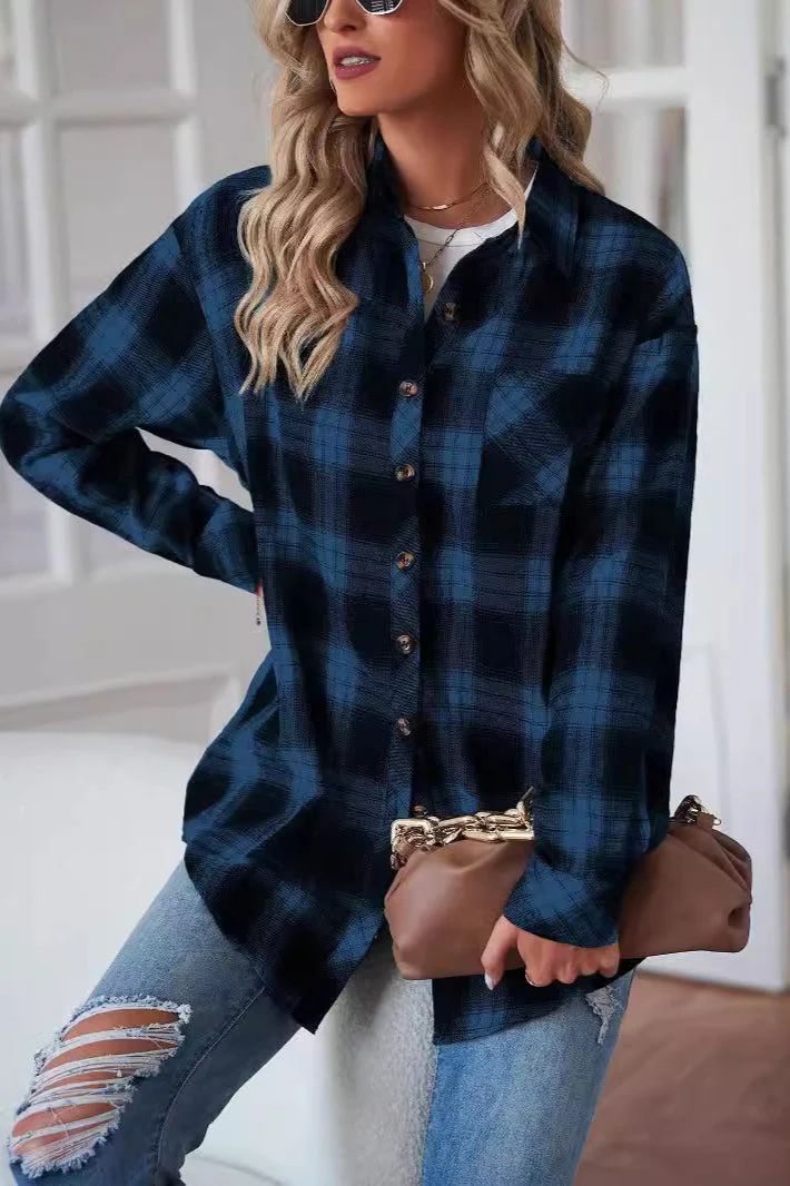 Casual Boyfriend Fit Plaid Collared Blouse - Image 10