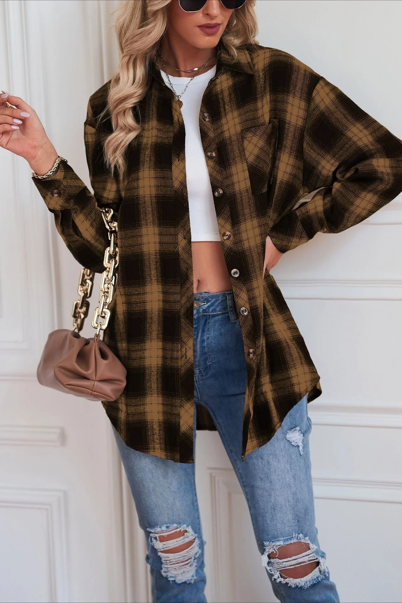 Casual Boyfriend Fit Plaid Collared Blouse - Image 11
