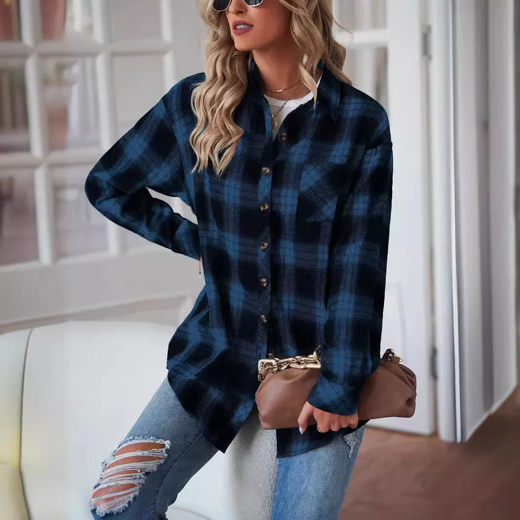 Casual Boyfriend Fit Plaid Collared Blouse - Image 2