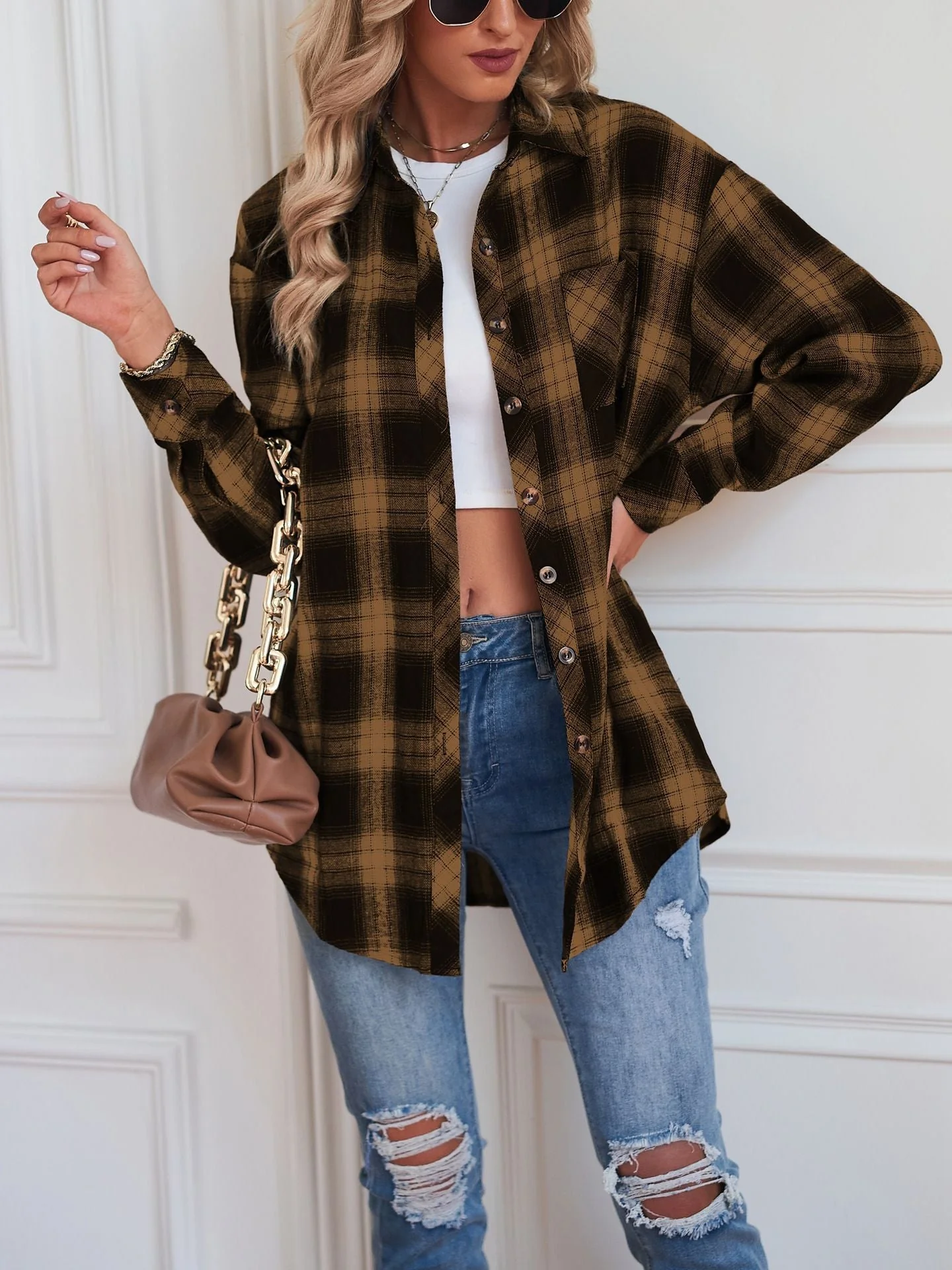 Casual Boyfriend Fit Plaid Collared Blouse - Image 3