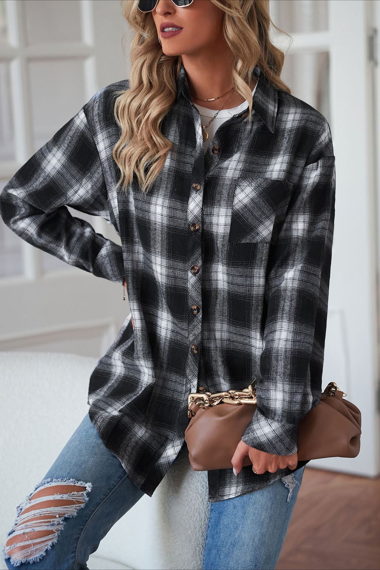 Casual Boyfriend Fit Plaid Collared Blouse - Image 4