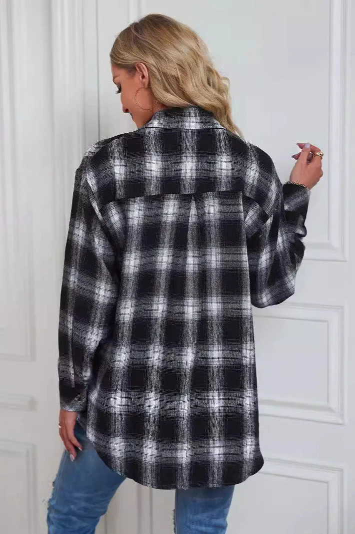 Casual Boyfriend Fit Plaid Collared Blouse - Image 5