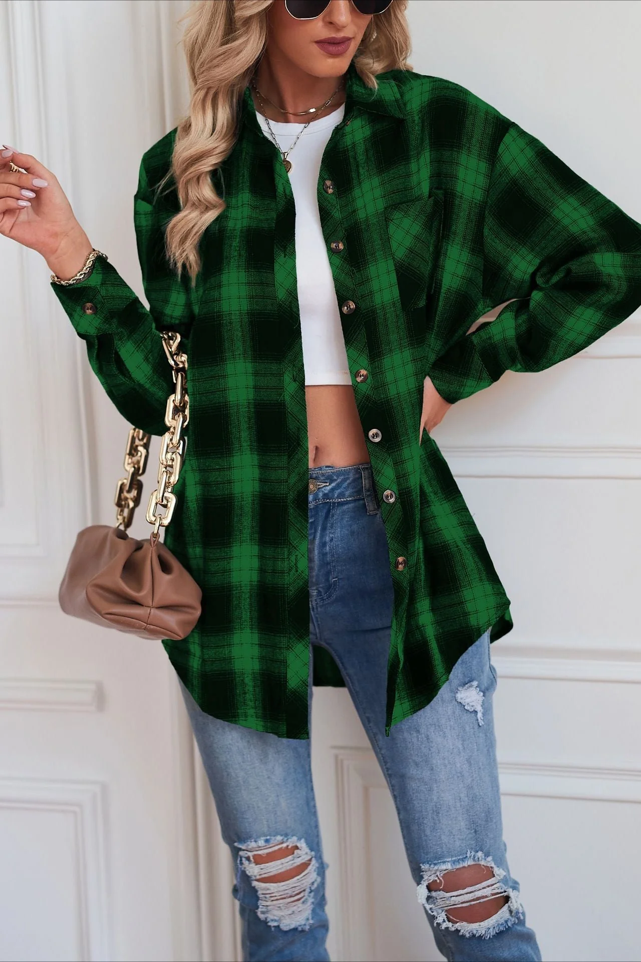 Casual Boyfriend Fit Plaid Collared Blouse - Image 8