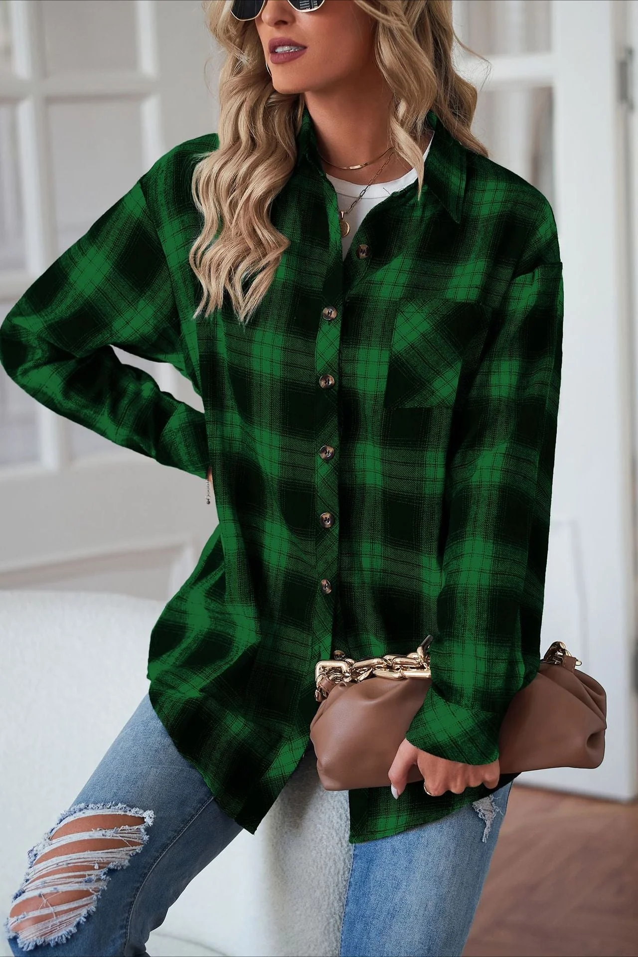 Casual Boyfriend Fit Plaid Collared Blouse - Image 9