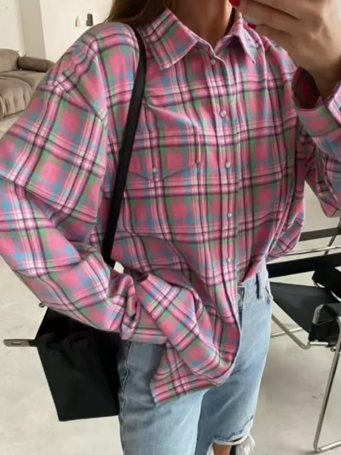 Plaid Collared Long Sleeve Blouse - Image 2