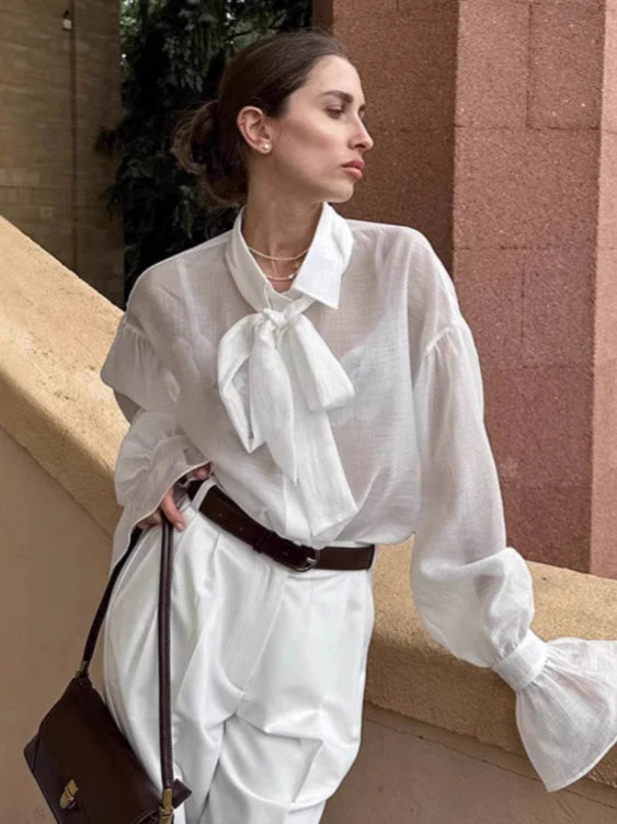 White Tencel Loose Bow Tie Bell Sleeve Blouse - Image 3