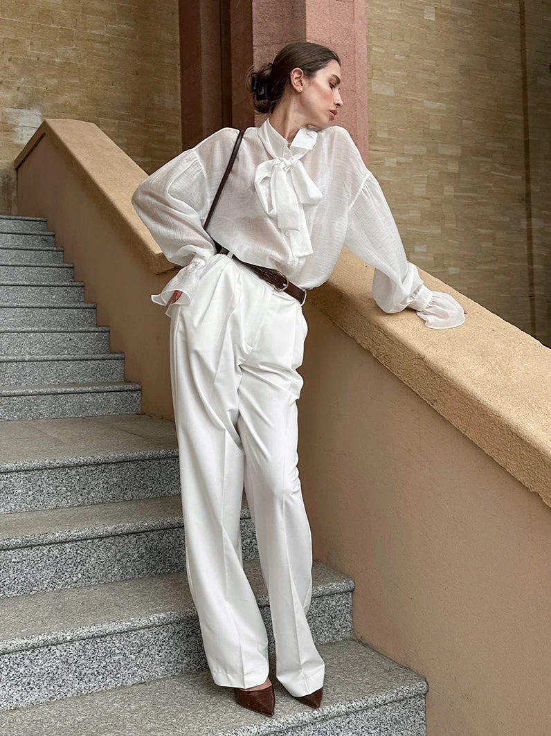 White Tencel Loose Bow Tie Bell Sleeve Blouse - Image 4