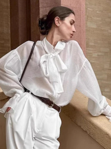 White Tencel Loose Bow Tie Bell Sleeve Blouse - Image 5