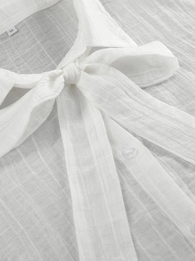 White Tencel Loose Bow Tie Bell Sleeve Blouse - Image 6