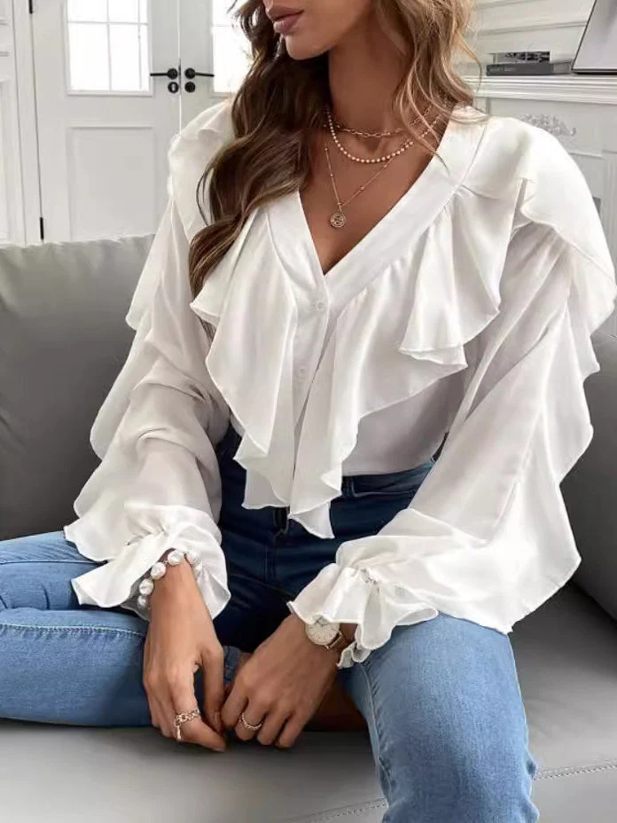Ruffled V-Neck Long Sleeve Blouse - Image 2