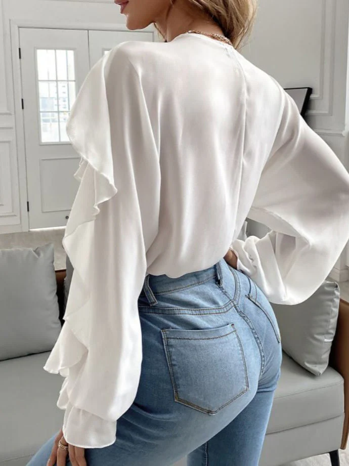 Ruffled V-Neck Long Sleeve Blouse - Image 3