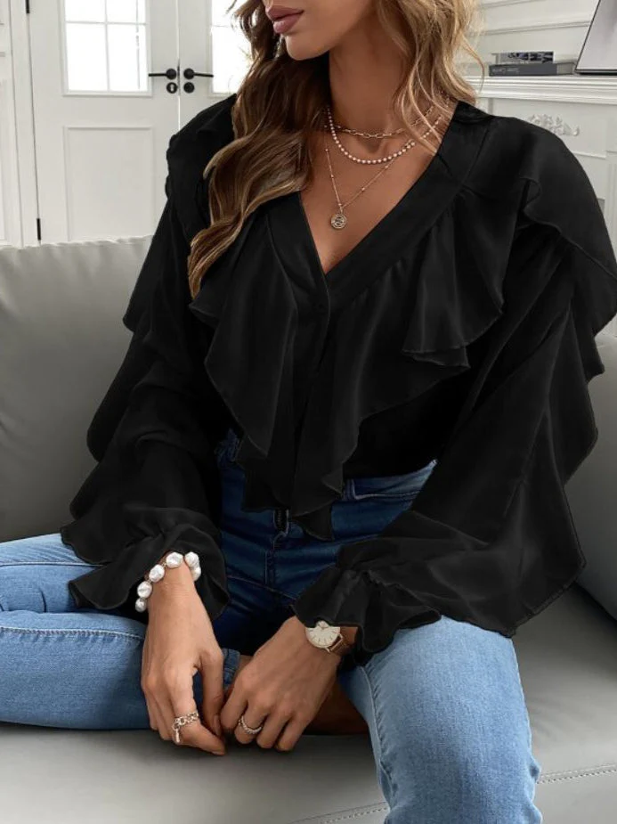 Ruffled V-Neck Long Sleeve Blouse - Image 4