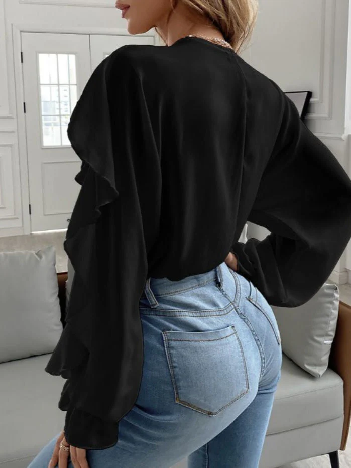 Ruffled V-Neck Long Sleeve Blouse - Image 5
