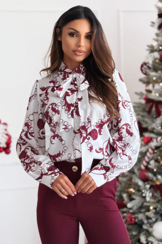 Printed Bow Tie Long Sleeve Blouse - Image 2