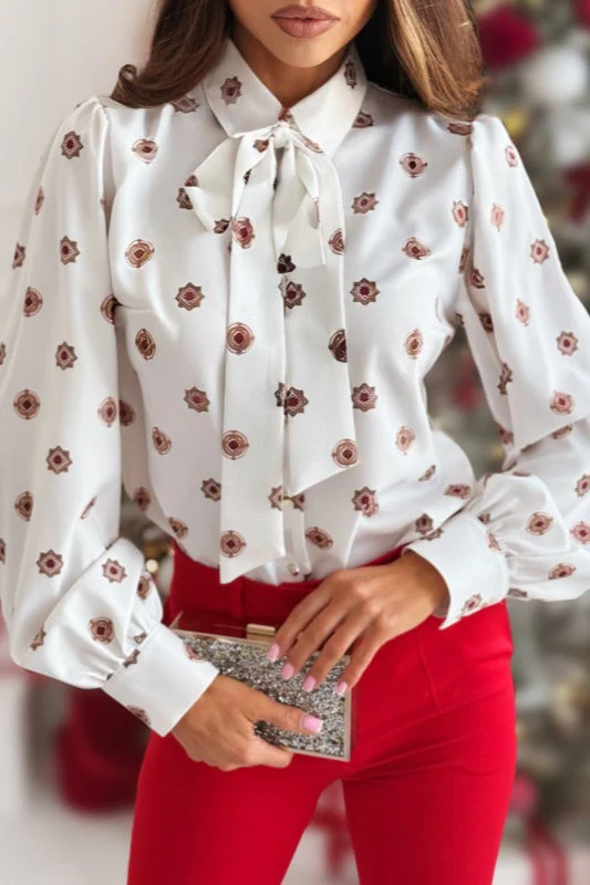 Printed Bow Tie Long Sleeve Blouse - Image 7