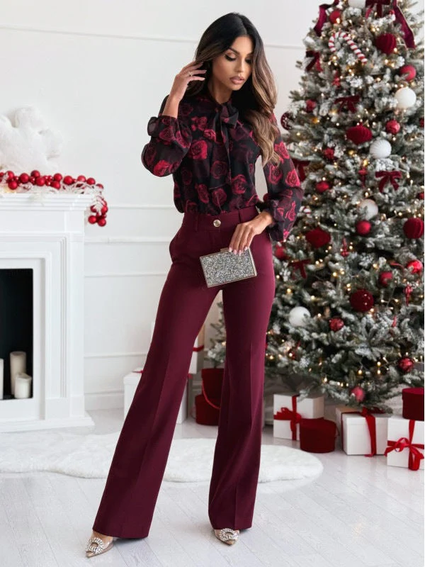 Chiffon Bow Tie Printed Long Sleeve Blouse - Image 2
