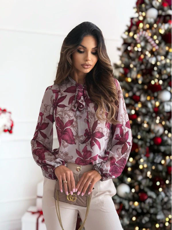 Chiffon Bow Tie Printed Long Sleeve Blouse - Image 5