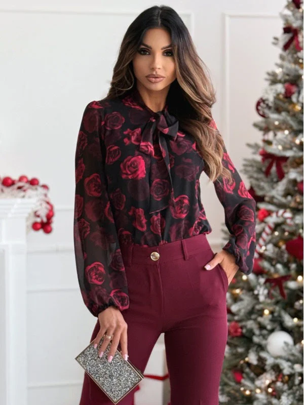 Chiffon Bow Tie Printed Long Sleeve Blouse - Image 7
