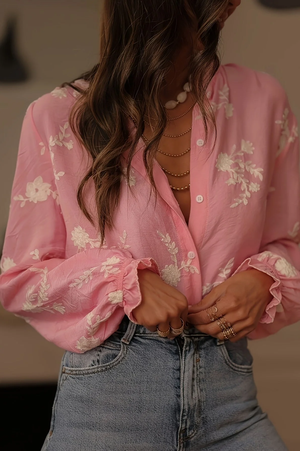 Long Sleeve Printed Lantern Sleeve Blouse - Image 2
