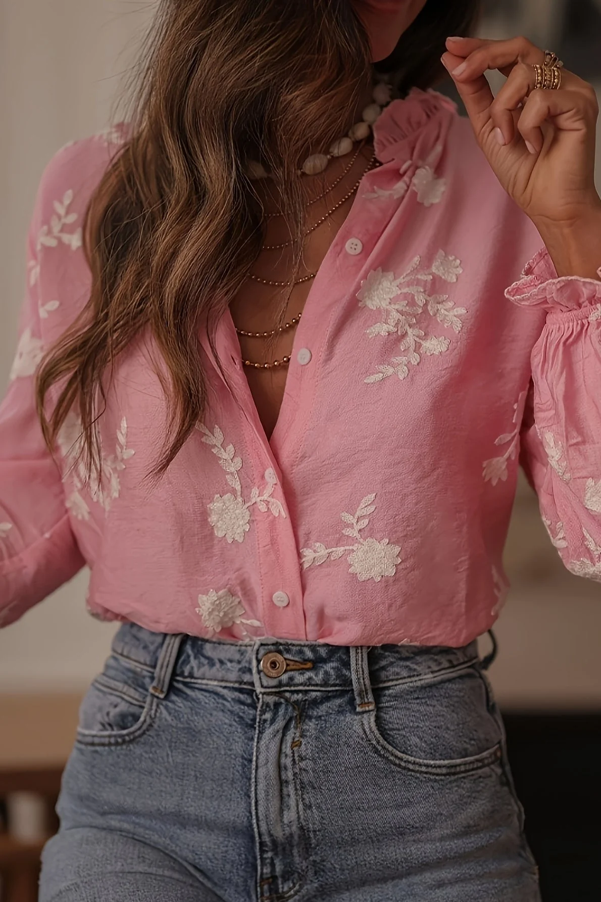 Long Sleeve Printed Lantern Sleeve Blouse - Image 3