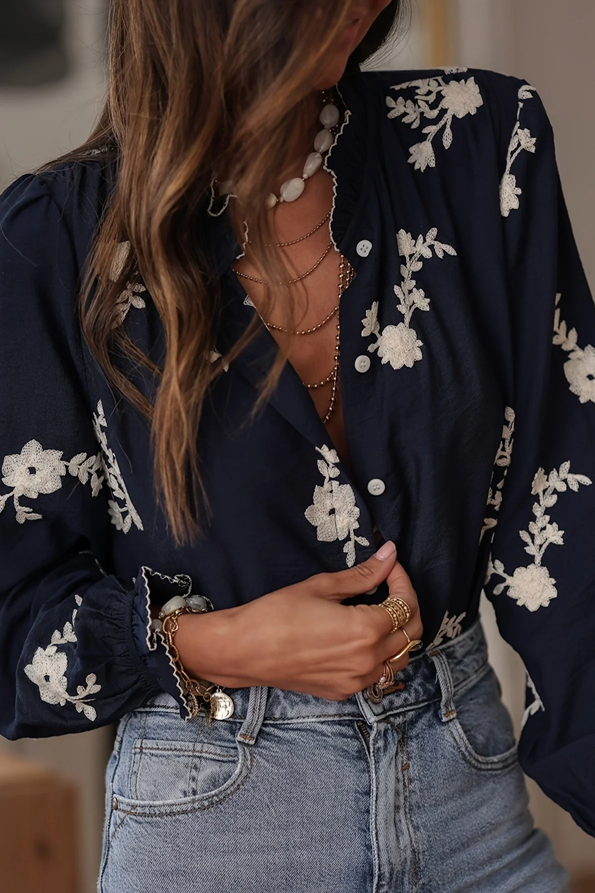 Long Sleeve Printed Lantern Sleeve Blouse - Image 7