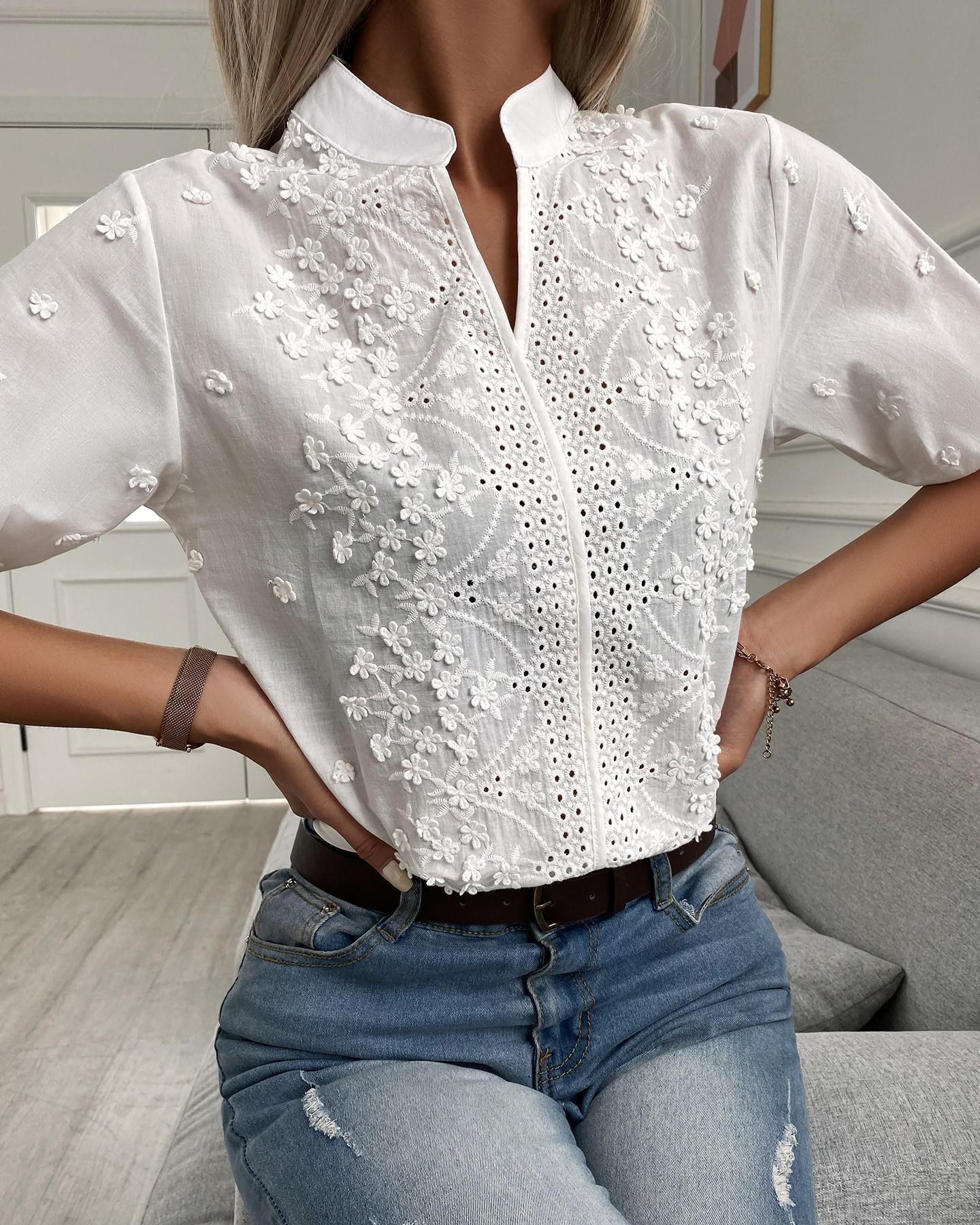 Lace Embroidered V-Neck Blouse - Image 2