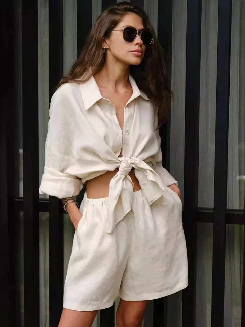 Long Sleeve Shirt Shorts Set Blouse