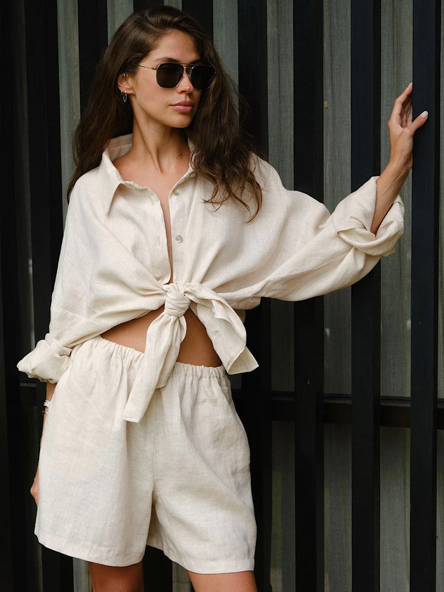 Long Sleeve Shirt Shorts Set Blouse - Image 12