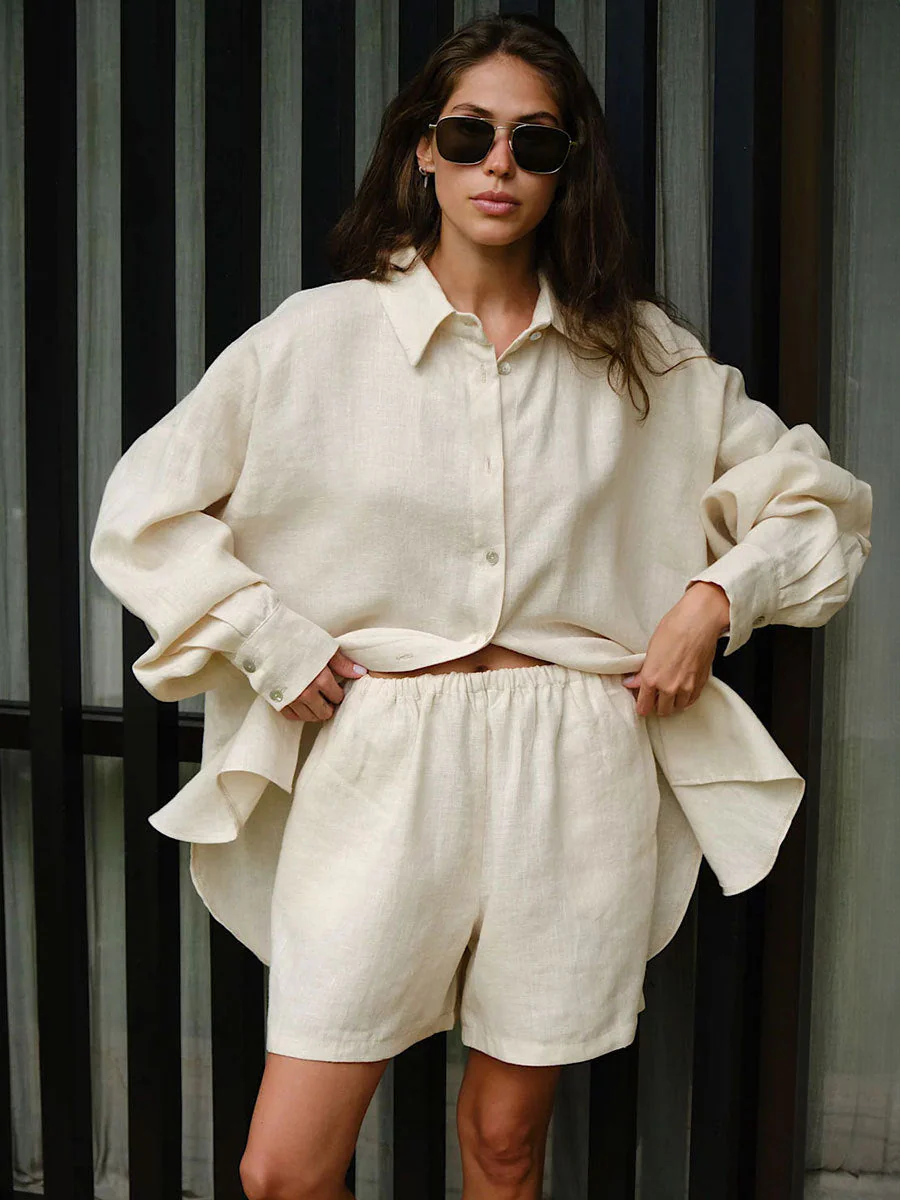 Long Sleeve Shirt Shorts Set Blouse - Image 14