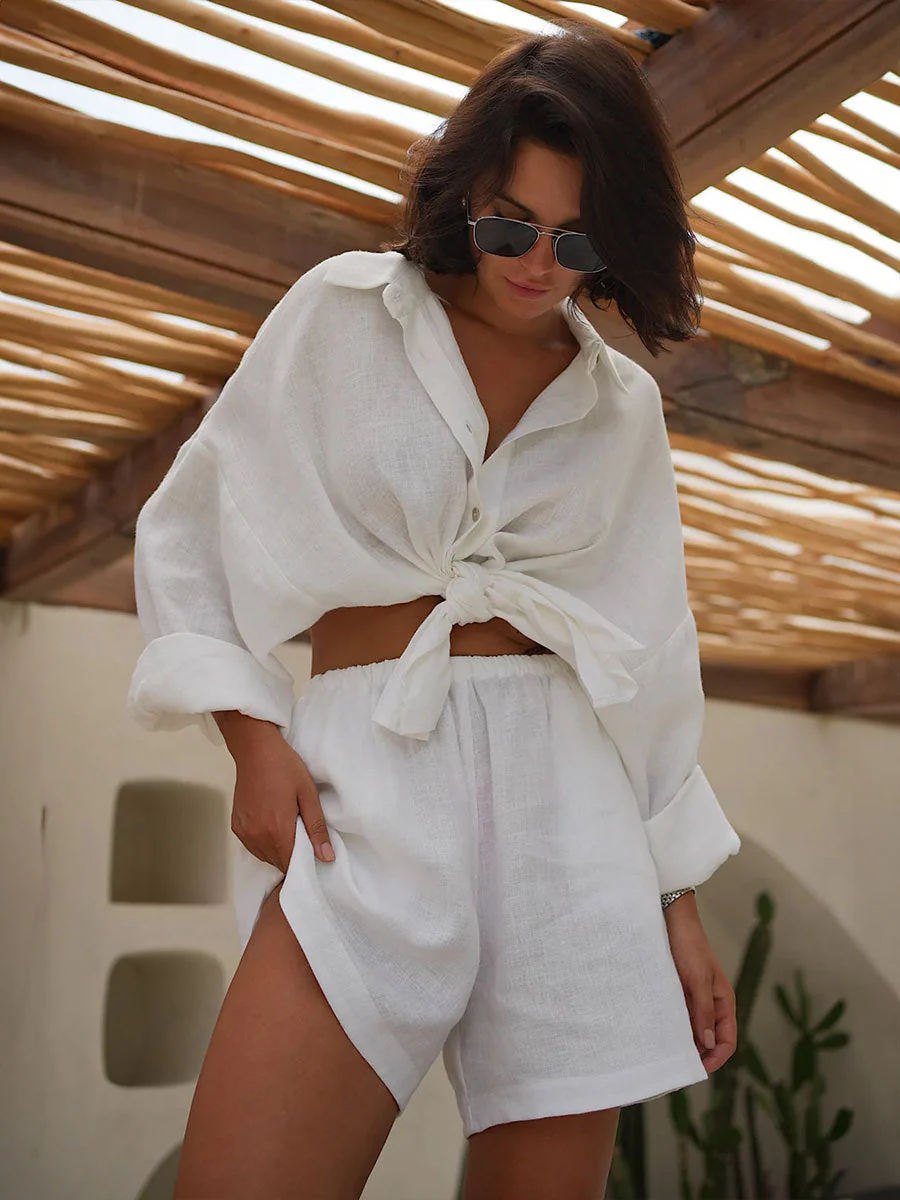 Long Sleeve Shirt Shorts Set Blouse - Image 3