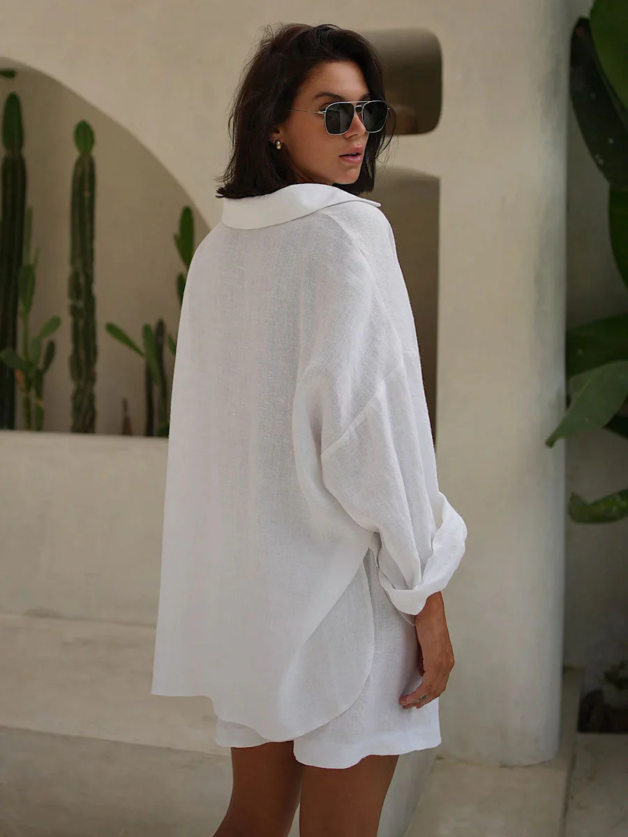 Long Sleeve Shirt Shorts Set Blouse - Image 4