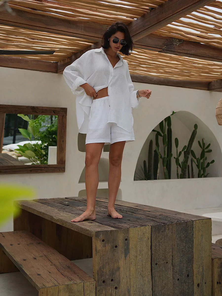 Long Sleeve Shirt Shorts Set Blouse - Image 6