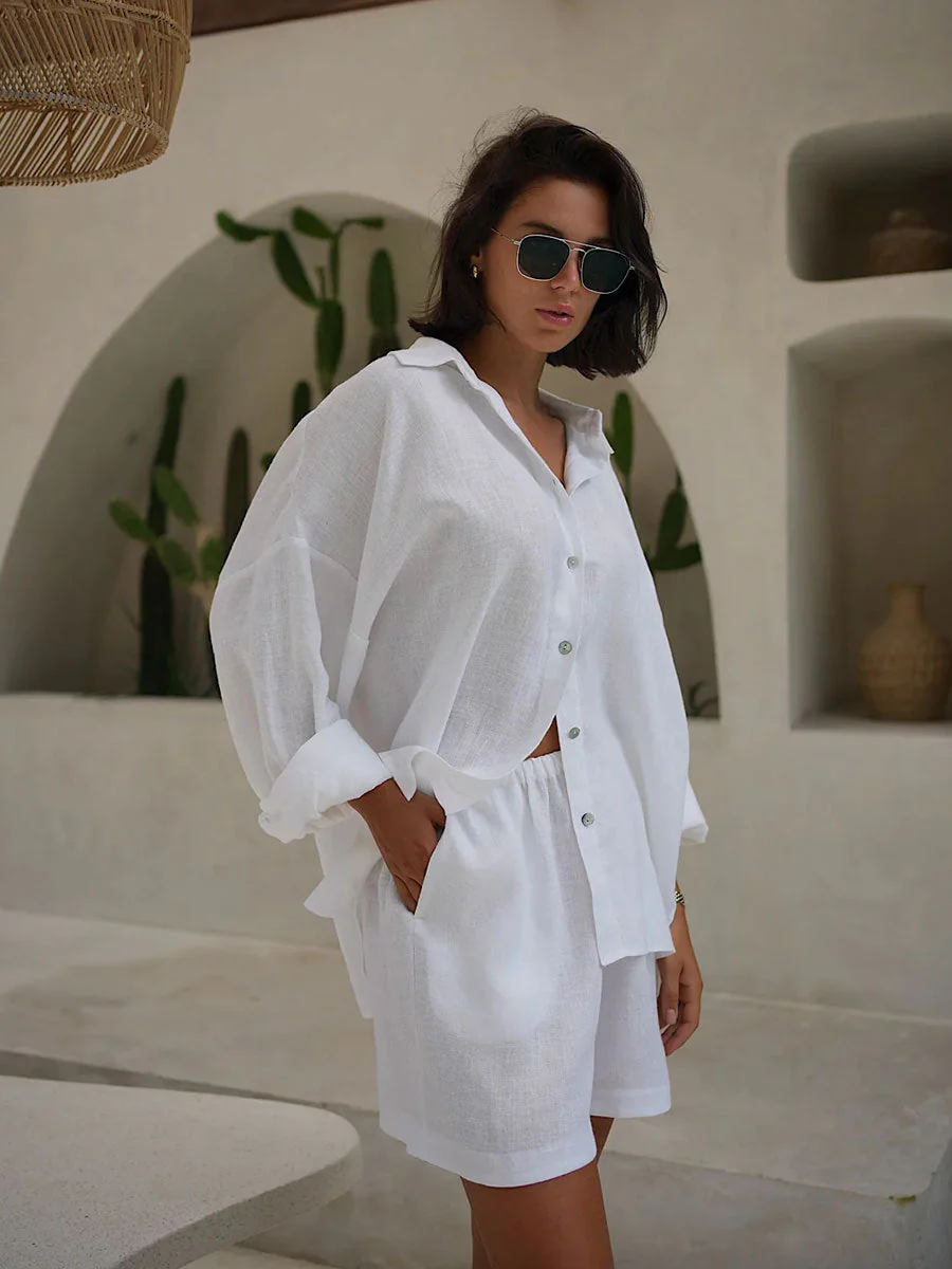 Long Sleeve Shirt Shorts Set Blouse - Image 7