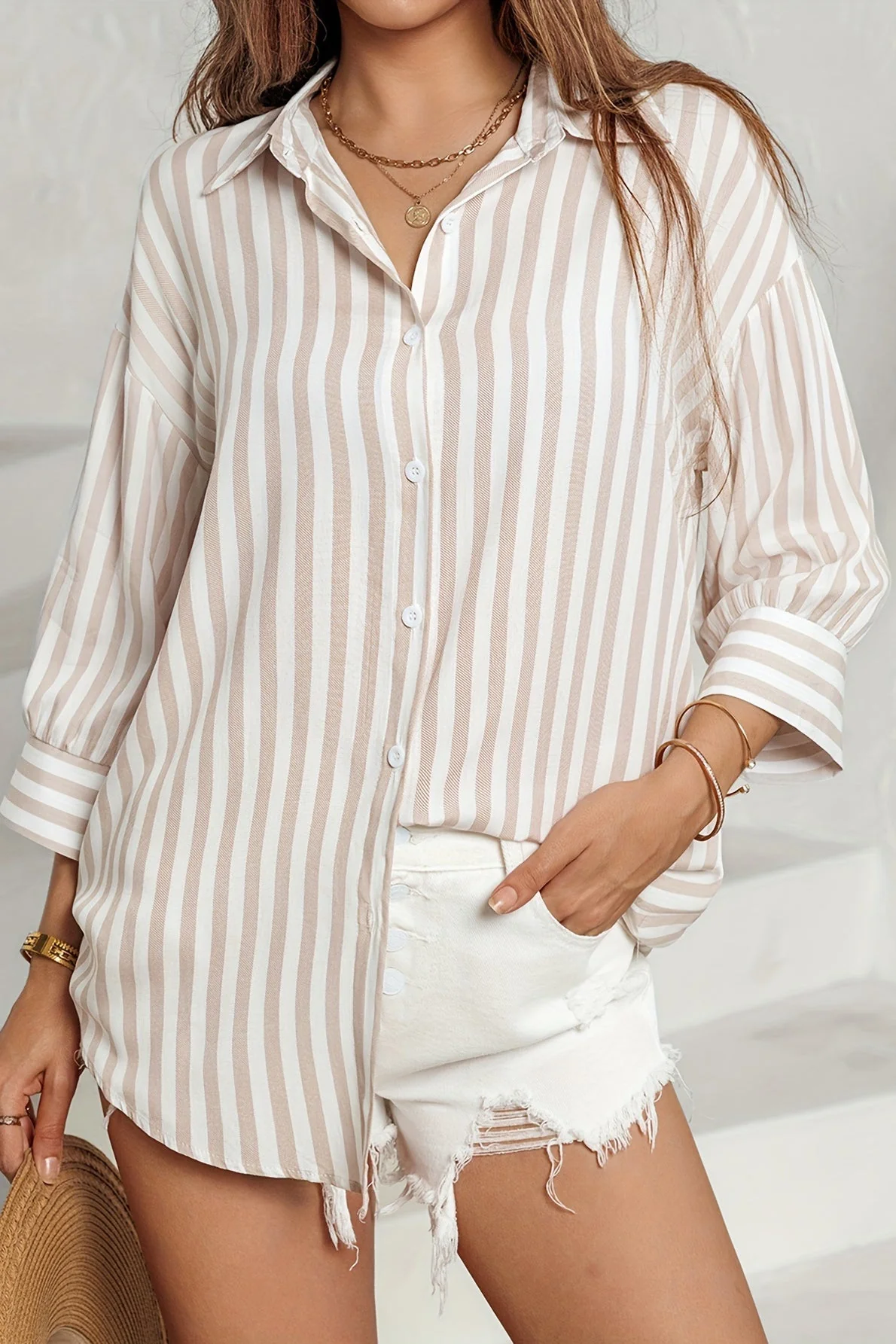 Striped Long Sleeve Pocket Button-Down Blouse - Image 2