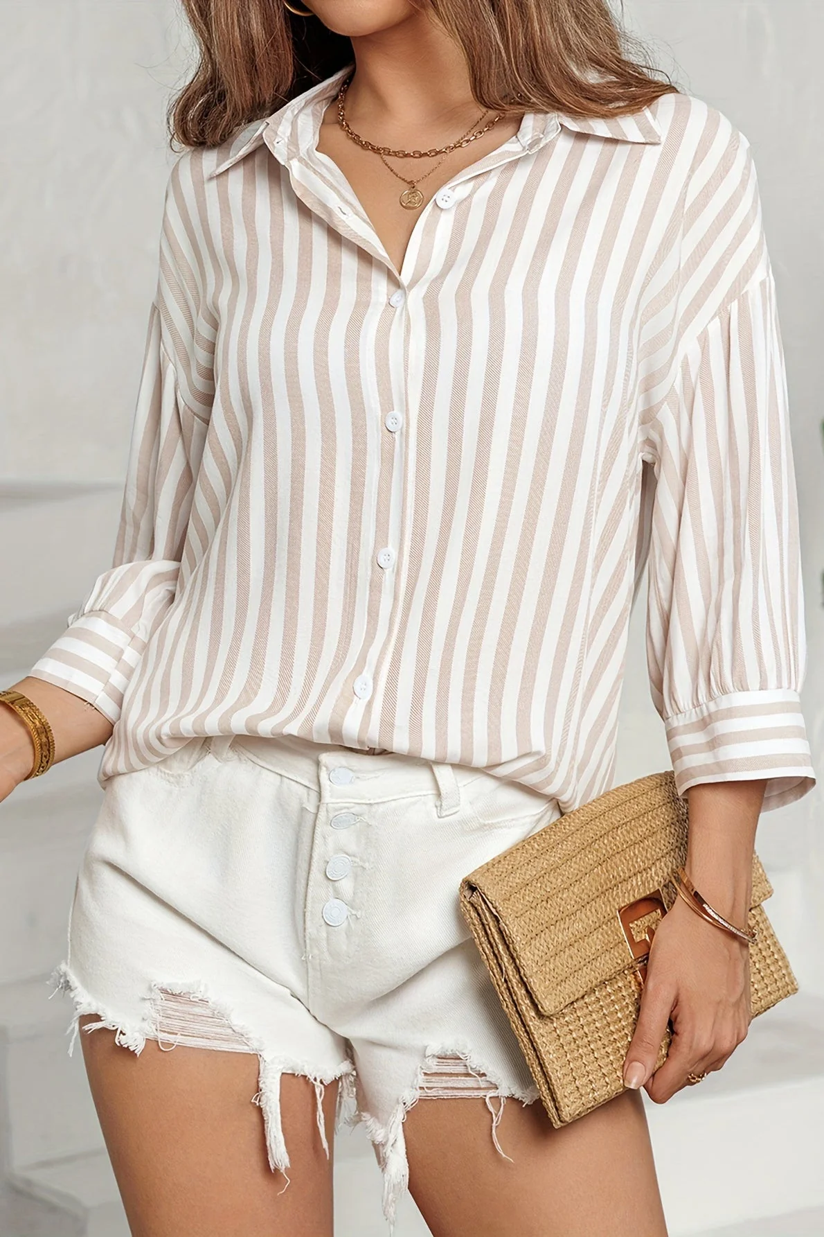 Striped Long Sleeve Pocket Button-Down Blouse - Image 3