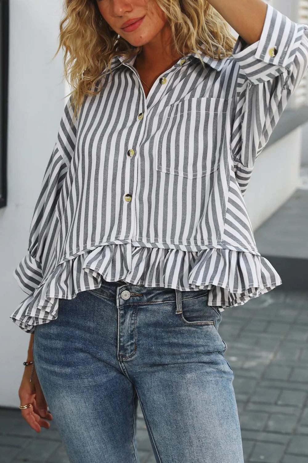 Striped Loose Fit Lace Hem Blouse - Image 4