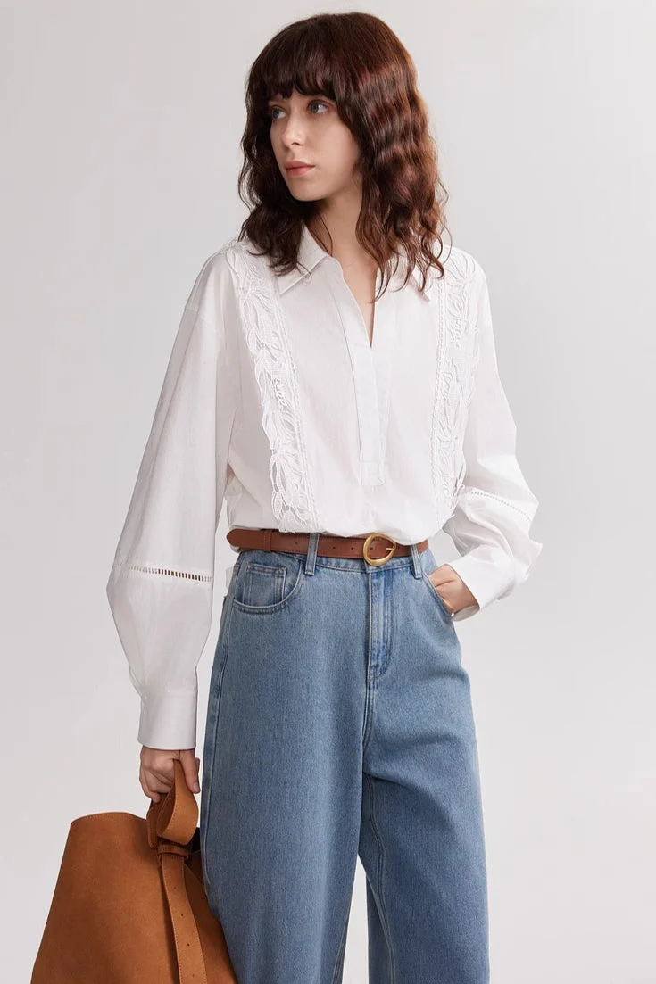 French Style White Lace Embroidered Loose Blouse - Image 3