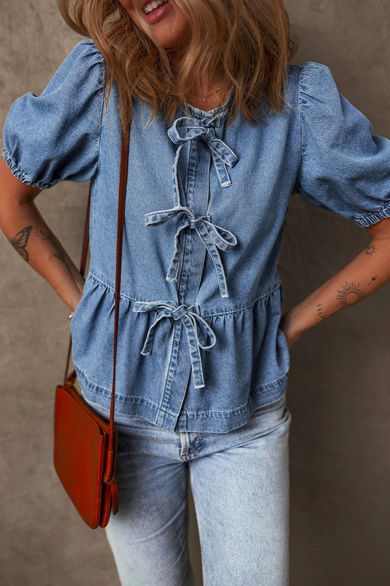 Solid Denim Tie Bow Blouse - Image 2