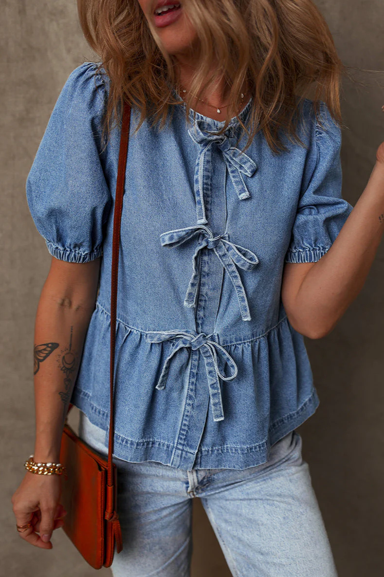 Solid Denim Tie Bow Blouse - Image 3