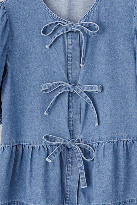 Solid Denim Tie Bow Blouse - Image 5