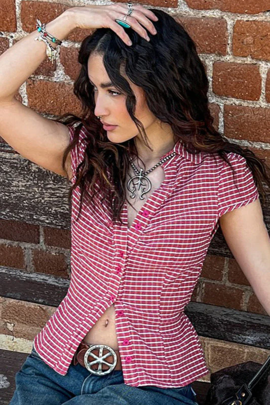 Vintage Red Plaid Polo Collar Button-Down Cropped Blouse - Image 2