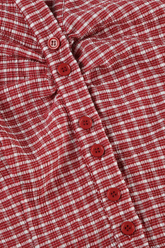Vintage Red Plaid Polo Collar Button-Down Cropped Blouse - Image 4