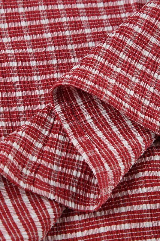 Vintage Red Plaid Polo Collar Button-Down Cropped Blouse - Image 5