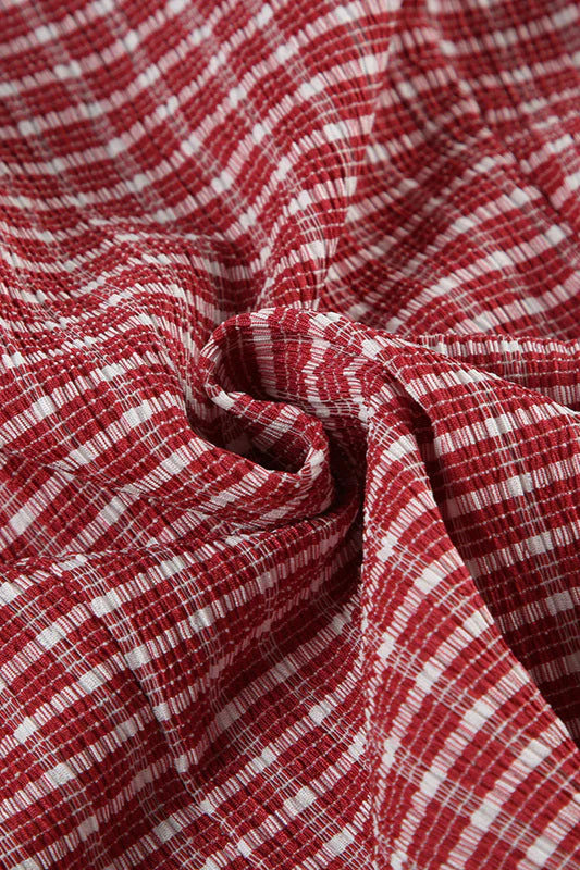 Vintage Red Plaid Polo Collar Button-Down Cropped Blouse - Image 6