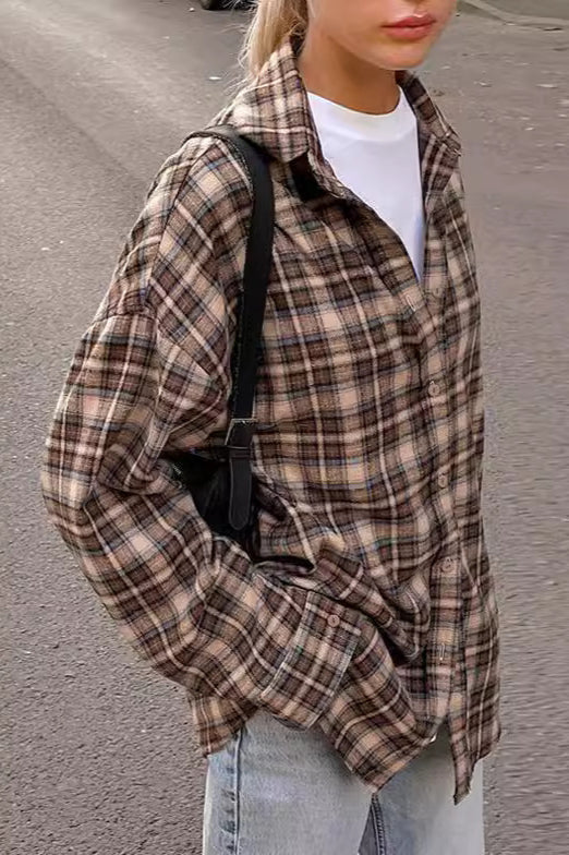 Vintage Plaid Longline Loose Fit Blouse - Image 3