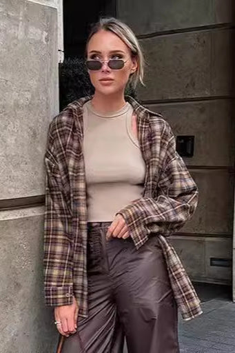 Vintage Plaid Longline Loose Fit Blouse - Image 4