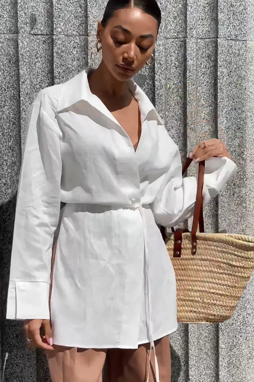 White Long Sleeve Tie Front Linen Blouse - Image 2
